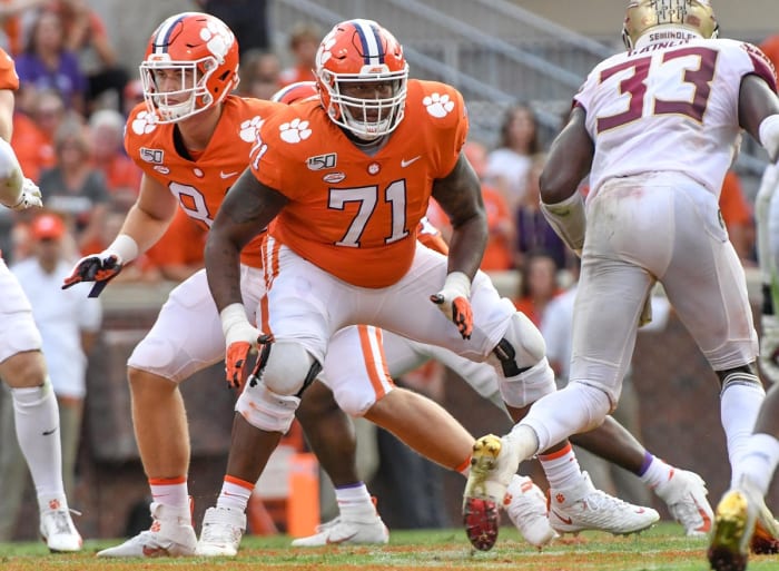 Clemson offensive lineman Jordan McFadden (71) blocks with tight end Davis Allen (84) playing Florida State. (© Ken Ruinard / staff, The Greenville News via Imagn Content Services, LLC)